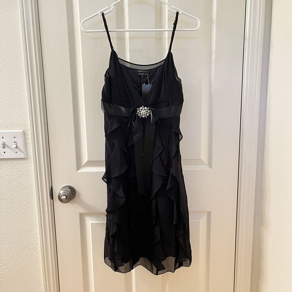 BCBG Maxazria Black Silk V-Neck Empire Dress with Chiffon Girls Size 4 NWT